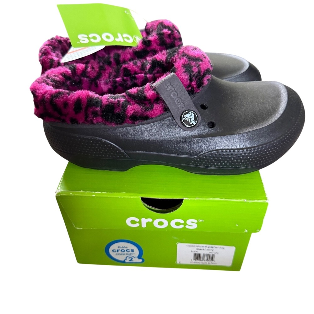 NEW NIB Crocs Classic Blitzen II Clog Black Berry Pink Leopard Print M7 W9